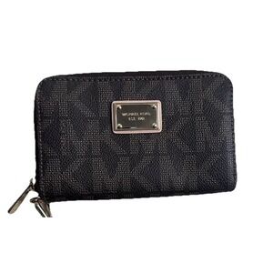 Michael Kors Patent Leather Wristlet Wallet Monogram Gold Black Zip Designer